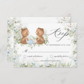 可愛いテディベアーハイティーパーティーツインベビーシャワー 出欠カード (正面/裏面)