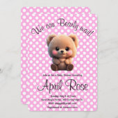 可愛いテディベアーピンクの水玉模様 招待状 (正面/裏面)