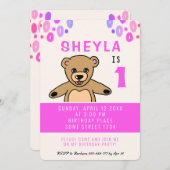 可愛いテディベアーピンクガール1st誕生日パーティー 招待状 (正面/裏面)