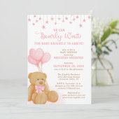 可愛いテディベアーピンクバルーン星ベビーシャワー 招待状 (スタンド正面)