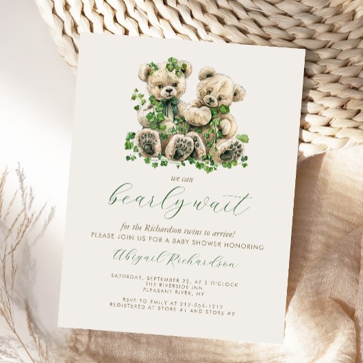 可愛いテディベアーベアーグリーンのツビーツインベビーシャワー ポストカード