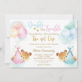 可愛いテディベアーベアーツインズボーイガールベイビーシャワー 招待状 (正面)