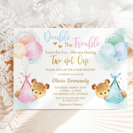 可愛いテディベアーベアーツインズボーイガールベイビーシャワー 招待状