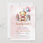 可愛いテディベアーベアー女の子の最初の誕生日招待状 招待状 (正面)