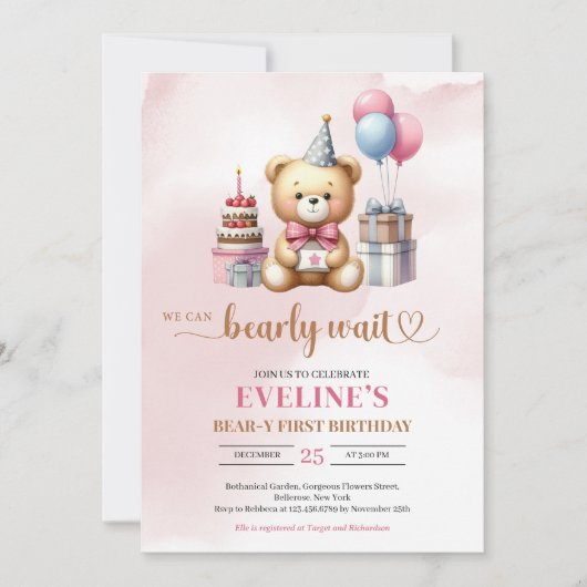 可愛いテディベアーベアー女の子の最初の誕生日招待状 招待状 (正面)