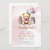 可愛いテディベアーベアー女の子の最初の誕生日招待状 招待状 (正面/裏面)