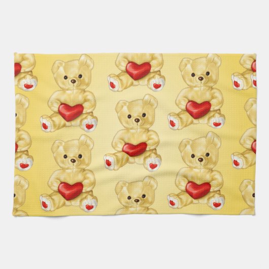 可愛いテディベア保持ハート – かわいらしいぬいぐるみ キッチンタオル (横)