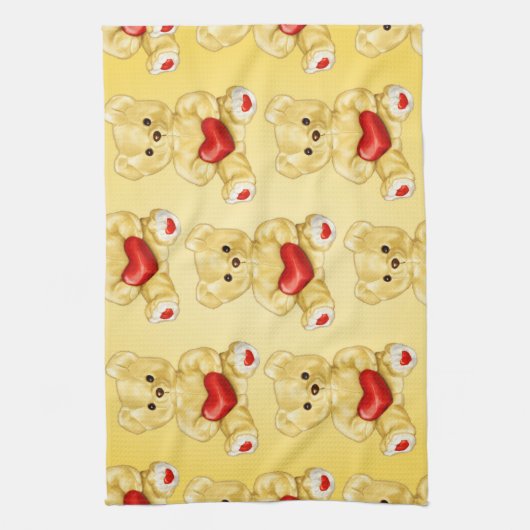 可愛いテディベア保持ハート – かわいらしいぬいぐるみ キッチンタオル (縦)