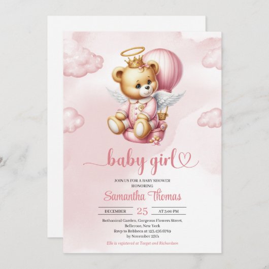 可愛いテディベア天使の熱気球ガール 招待状 (正面/裏面)