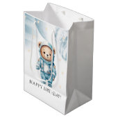 可愛いテディベア宇宙飛行士誕生日パーティー ミディアムペーパーバッグ (正面アングル)