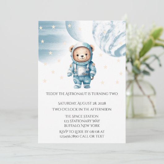 可愛いテディベア宇宙飛行士誕生日パーティー 招待状 (スタンド正面)
