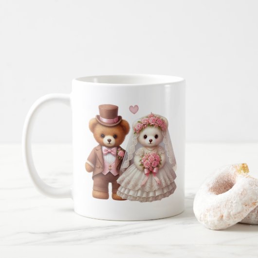 可愛いテディベア新郎新婦結婚の コーヒーマグカップ (ドーナツ)