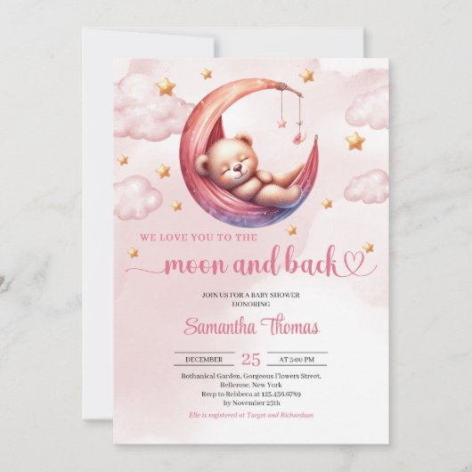 可愛いテディベア月とバック女の子のベビーシャワー 招待状 (正面)
