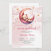 可愛いテディベア月とバック女の子のベビーシャワー 招待状 (正面/裏面)