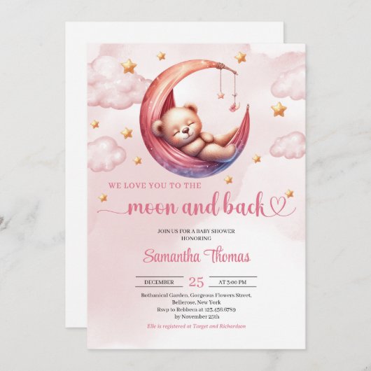 可愛いテディベア月とバック女の子のベビーシャワー 招待状 (正面/裏面)