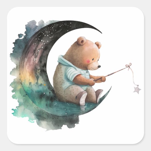 可愛いテディベア月の上に、豊かな漫画のクマ スクエアシール (正面)