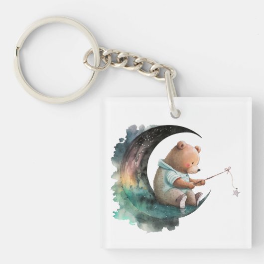 可愛いテディベア月の上に、豪華な漫画のクマT- キーホルダー (正面)