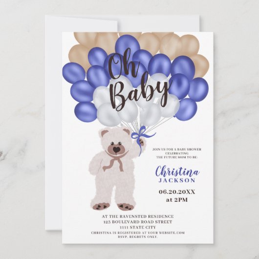 可愛いテディベア海軍ブルーバルーン男の子のシャワー 招待状 (正面)