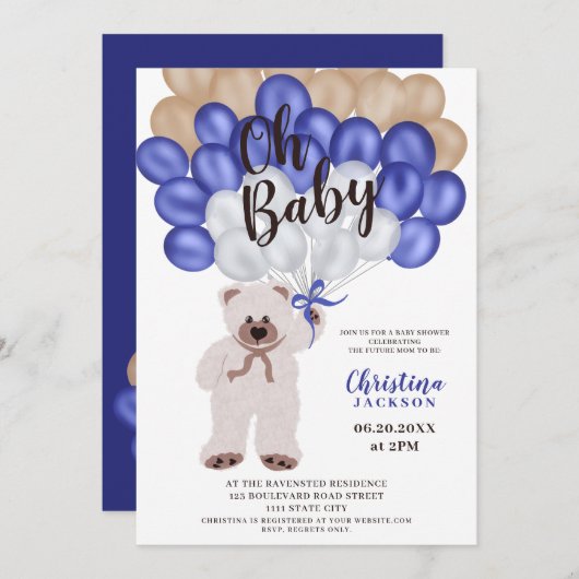 可愛いテディベア海軍ブルーバルーン男の子のシャワー 招待状 (正面/裏面)