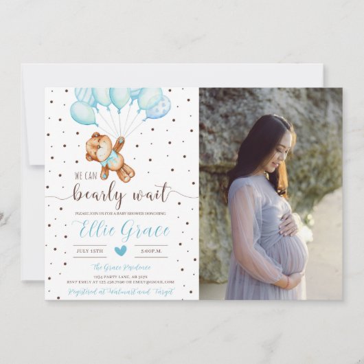 可愛いテディベア男の子の赤ちゃんシャワー写真 招待状 (正面)