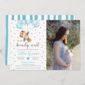 可愛いテディベア男の子の赤ちゃんシャワー写真 招待状 (正面/裏面)