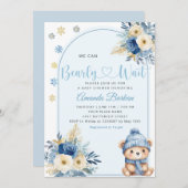 可愛いテディベア男の子の青bearly待ち赤ちゃんシャワー 招待状 (正面/裏面)