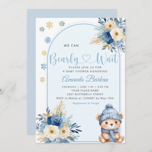可愛いテディベア男の子の青bearly待ち赤ちゃんシャワー 招待状 (正面/裏面)