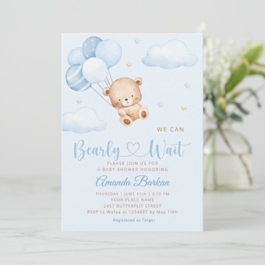 可愛いテディベア男の子の青bearly待ち赤ちゃんシャワー 招待状 (スタンド正面)