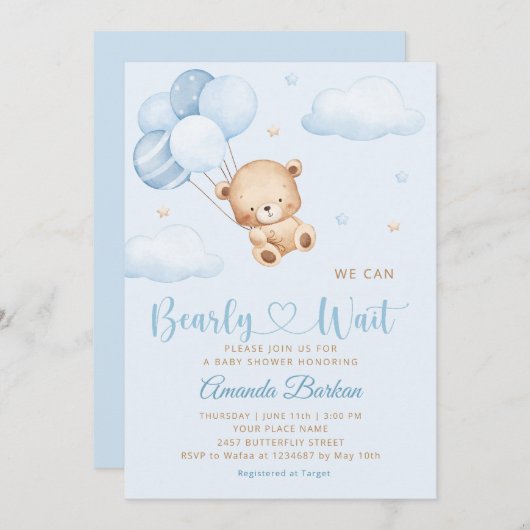可愛いテディベア男の子の青bearly待ち赤ちゃんシャワー 招待状 (正面/裏面)