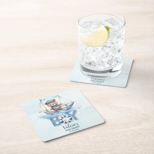 可愛いテディベア航海のボートボーイ赤ちゃんシャワー スクエアペーパーコースター (インサイチュ)