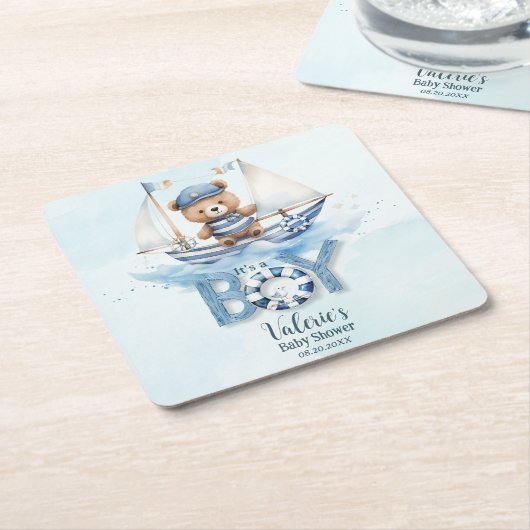 可愛いテディベア航海のボートボーイ赤ちゃんシャワー スクエアペーパーコースター (アングル)