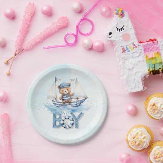 可愛いテディベア航海のボートボーイ赤ちゃんシャワー ペーパープレート (パーティー)