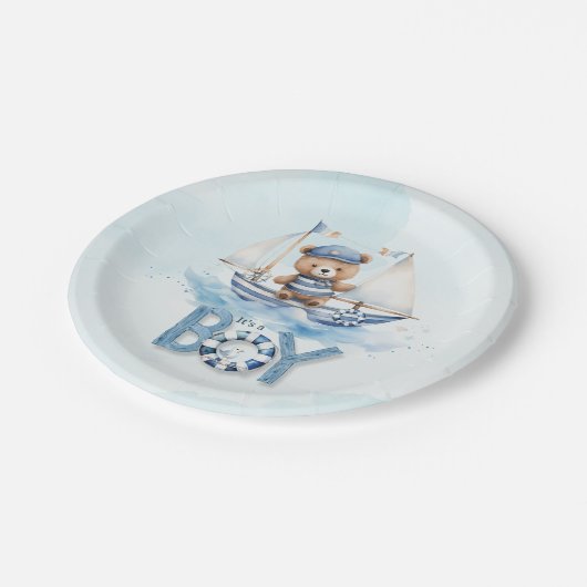 可愛いテディベア航海のボートボーイ赤ちゃんシャワー ペーパープレート (アングル)