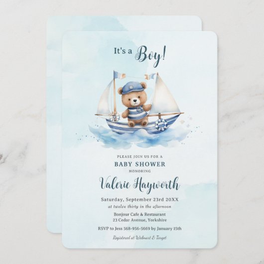 可愛いテディベア航海のボートボーイ赤ちゃんシャワー 招待状 (正面/裏面)