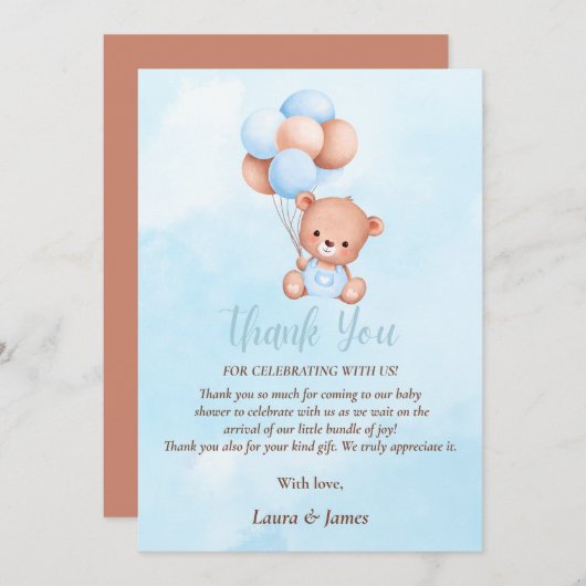 可愛いテディベア赤ちゃんシャワーサンキューカード 招待状 (正面/裏面)