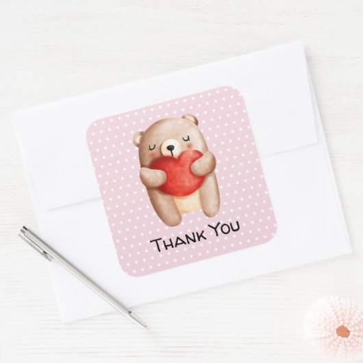 可愛いテディベア運の赤いハートありがとう スクエアシール (封筒)
