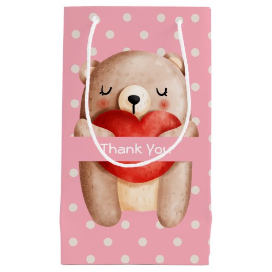 可愛いテディベア運の赤いハートありがとう スモールペーパーバッグ (正面)