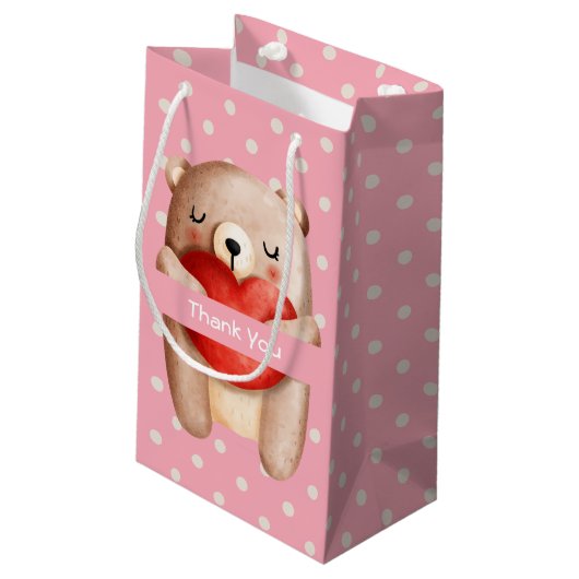 可愛いテディベア運の赤いハートありがとう スモールペーパーバッグ (裏面アングル)