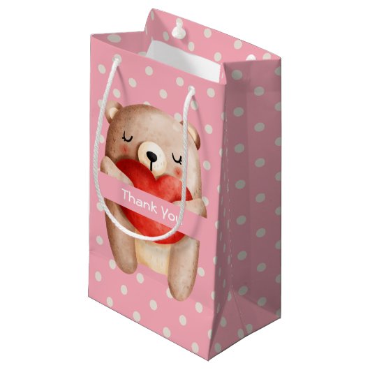 可愛いテディベア運の赤いハートありがとう スモールペーパーバッグ (正面アングル)