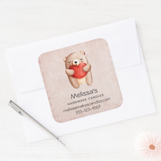 可愛いテディベア運の赤いハート事業 スクエアシール (封筒)