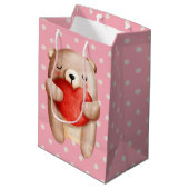 可愛いテディベア運の赤いハート ミディアムペーパーバッグ (裏面アングル)