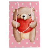 可愛いテディベア運の赤いハート ミディアムペーパーバッグ (正面)