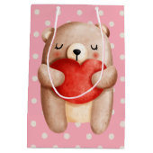 可愛いテディベア運の赤いハート ミディアムペーパーバッグ (裏面)