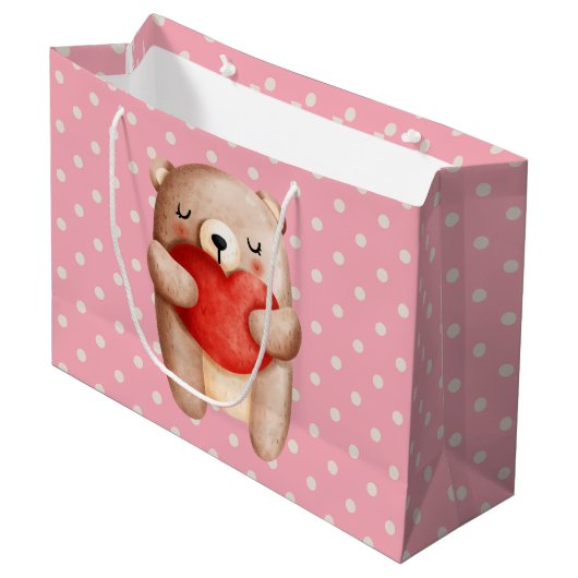 可愛いテディベア運の赤いハート ラージペーパーバッグ (正面アングル)