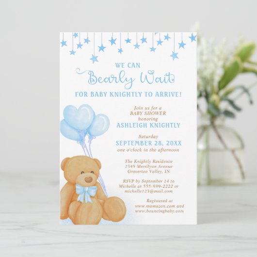 可愛いテディベア青いバルーン星ベビーシャワー 招待状 (スタンド正面)