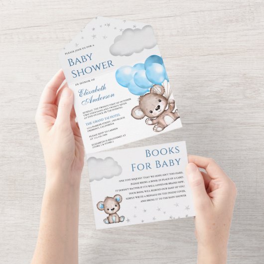 可愛いテディベア青いバルーン赤ちゃんシャワー オールインワン招待状 (貼ってはがせる)