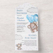 可愛いテディベア青いバルーン赤ちゃんシャワー オールインワン招待状 (内側)