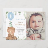 可愛いテディベア青いバルーン1st誕生日の男の子 招待状 (正面)