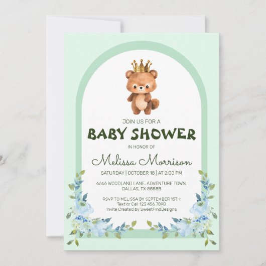 可愛いテディベア青い花赤ちゃんシャワー 招待状 (正面)