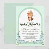 可愛いテディベア青い花赤ちゃんシャワー 招待状 (正面/裏面)